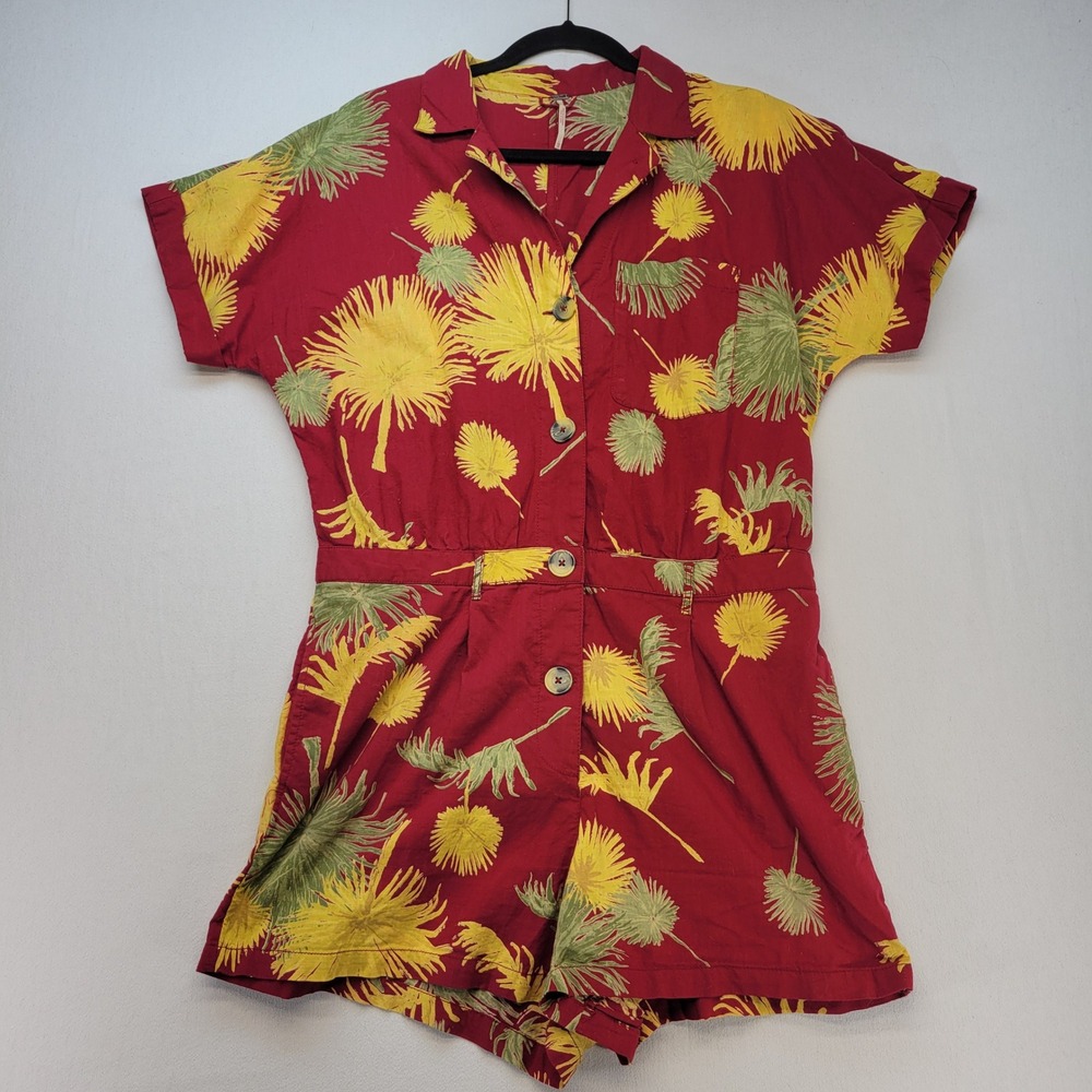 Free People Red Short-Sleeve Floral Romper with Yellow & Green Print
